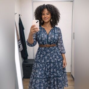 Lucky Brand Floral Midi Dress Blue Boho Tiered Bishop Sleeve Peasant Dress XS